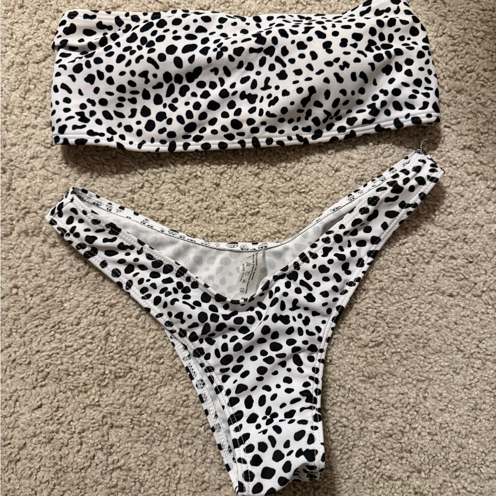 SHEIN Black and White Dalmatian Print Bandeau Bikini Set